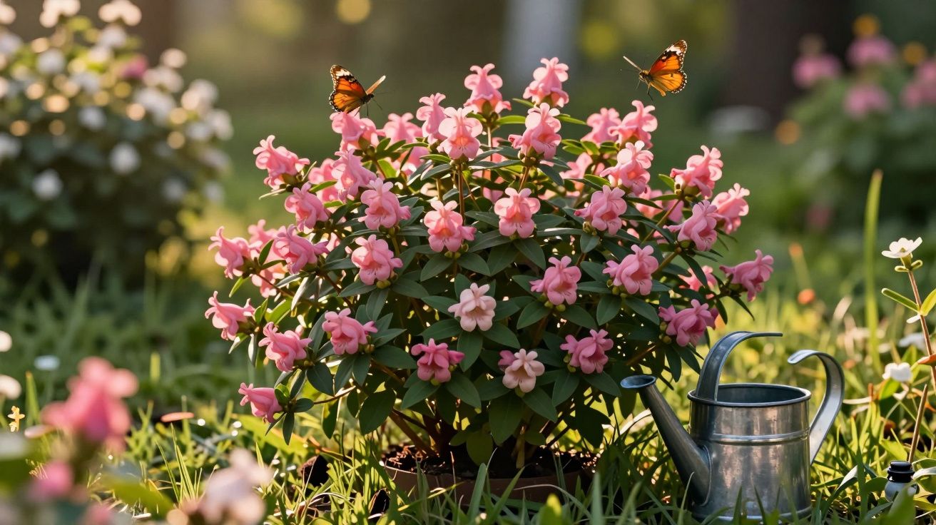 Flori roz în ghiveci cu două fluturi deasupra și o stropitoare metalică alături, într-o grădină însorită.