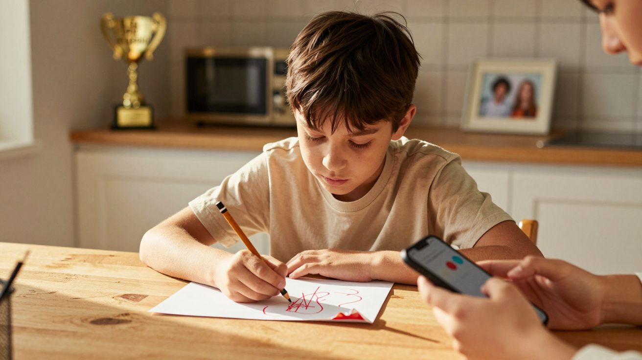 Băiat desenând la masă, în timp ce o persoană de lângă el utilizează un smartphone. În fundal, un trofeu și o fotografie.
