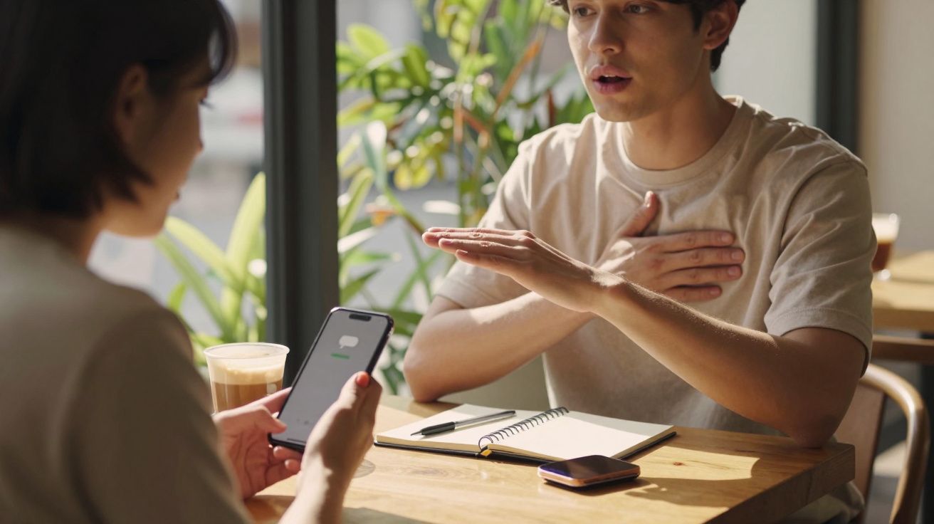 Două persoane discută într-o cafenea, folosind un telefon și un blocnotes pe o masă de lemn.