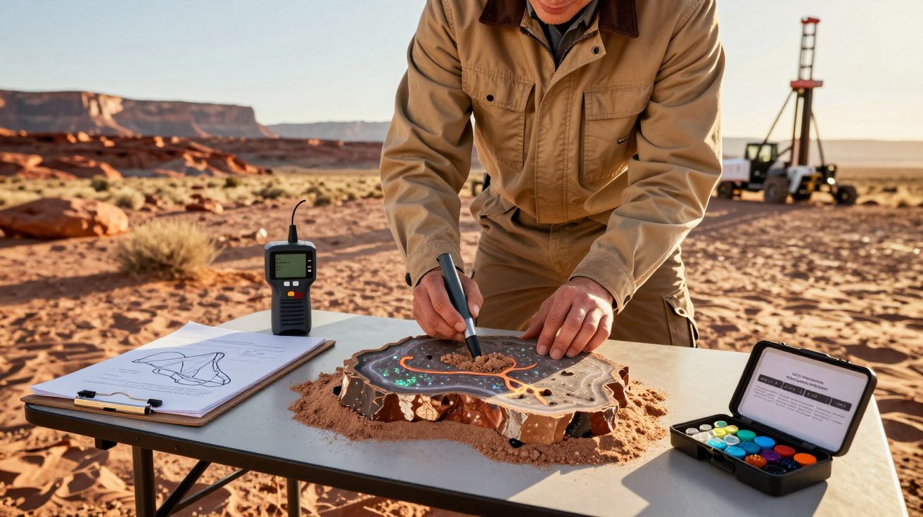 Persoană studiind o machetă geologică pe o masă în deșert, înconjurată de instrumente și schițe.