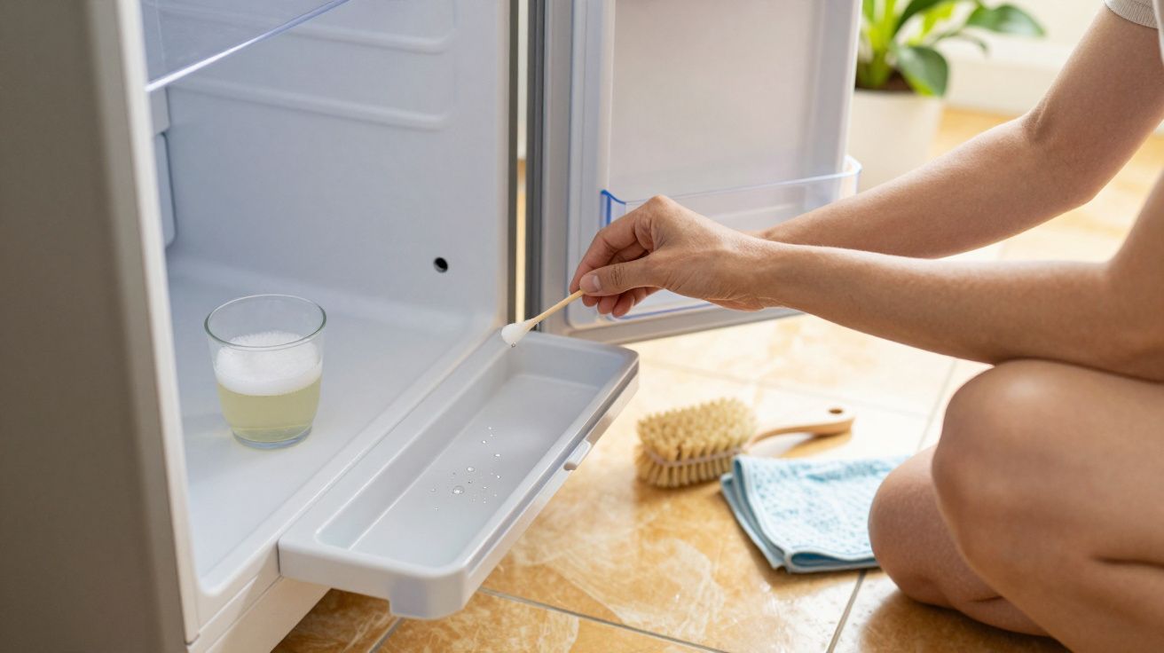 Persoană curăță frigiderul cu un bețișor de bumbac, alături de un pahar cu soluție de curățat și o perie.