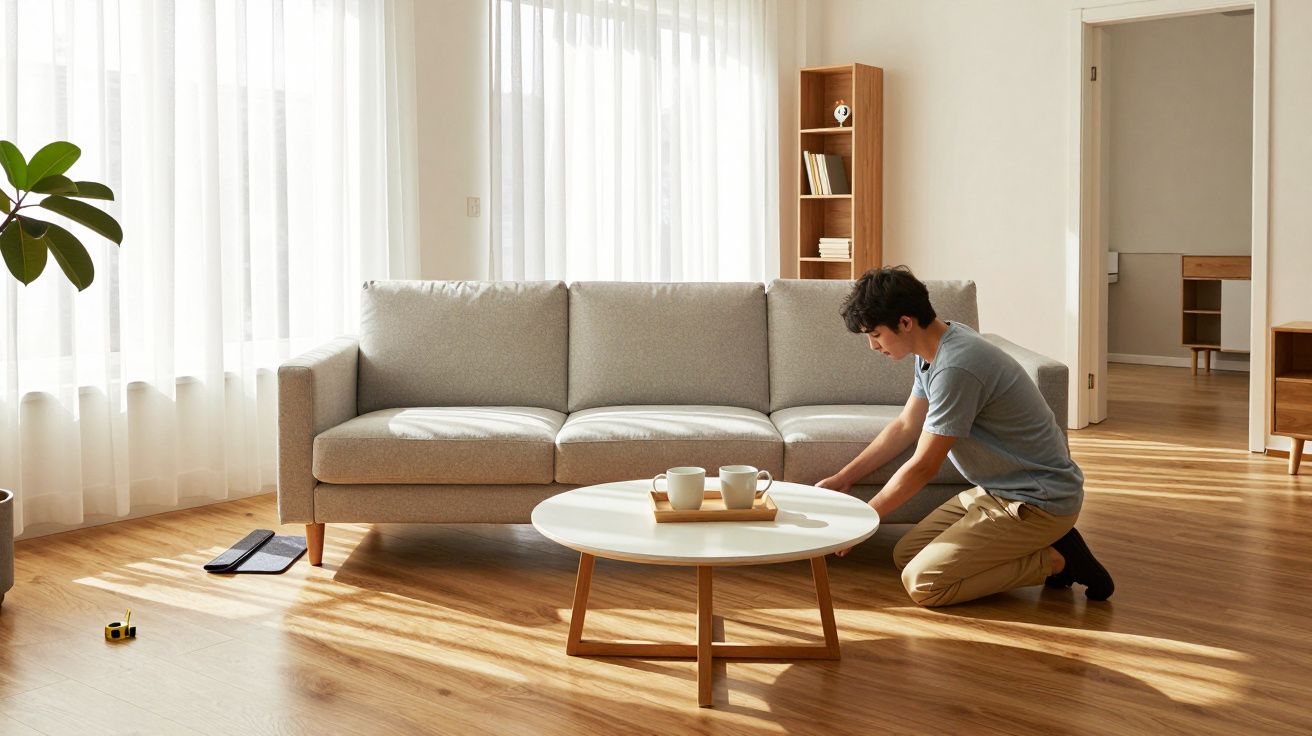 Tânăr așezat lângă o masă rotundă de lemn într-o cameră modernă, luminoasă, cu canapea gri și decor minimalist.