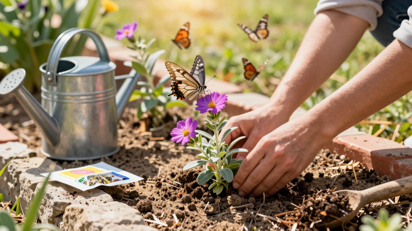 Mâini plantează flori mov în grădină, fluturi colorați zboară deasupra, alături de o cană de udat metalică.