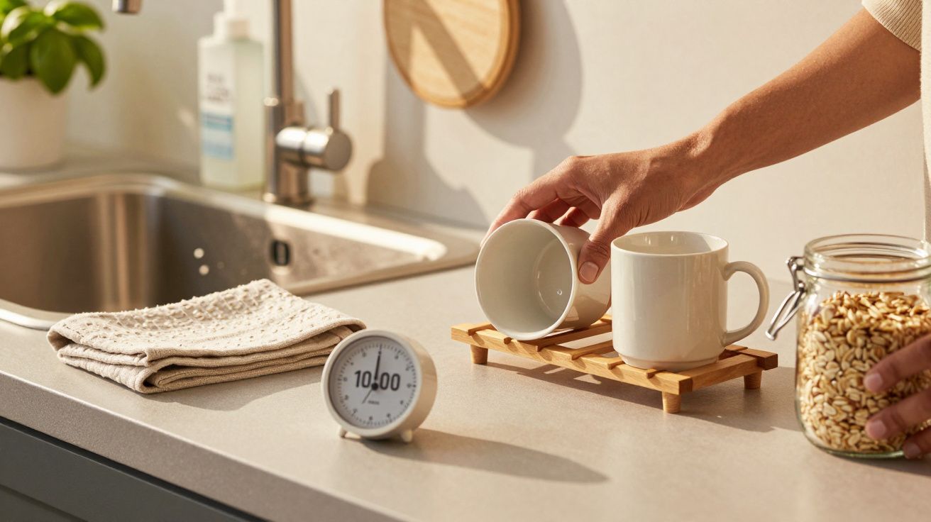 Persoană așezând o cană pe un suport de bambus lângă o chiuvetă; lângă, ceas, prosoape și borcan cu cereale.