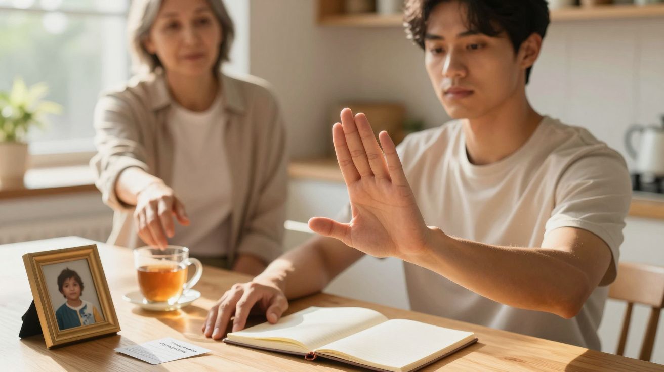 Tânăr ridicând mâna în semn de refuz la masă, lângă o femeie în vârstă, cu o fotografie și o ceașcă de ceai.