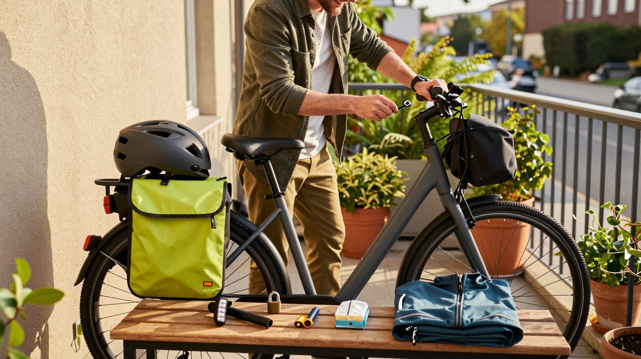 Un bărbat ajustează o bicicletă pe un balcon, cu un rucsac verde, cască și alte accesorii pe o bancă.