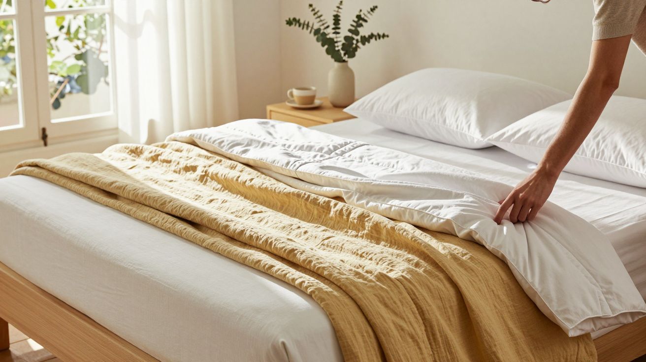 Pat aranjat, cu cearșafuri albe și cuvertură galbenă, într-o cameră luminoasă cu plantă decorativă pe noptieră.