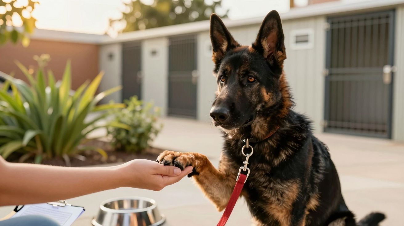 Ciobănesc german dă laba unei persoane, legat cu lesă roșie; fundal cu clădire și plante.