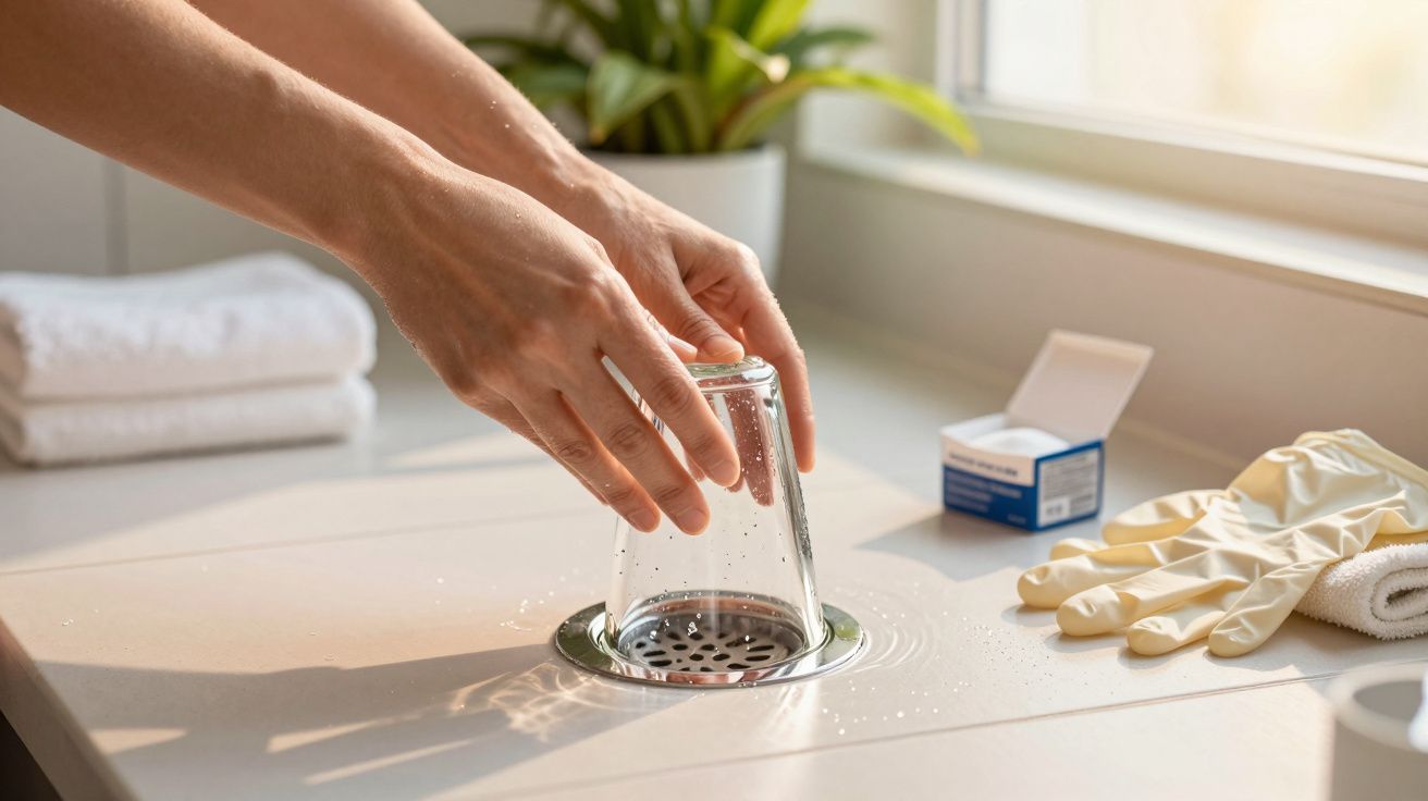 Mâini fixând un pahar de sticlă peste o gură de canal, pe o chiuvetă de bucătărie, cu mănuși și prosoape alături.
