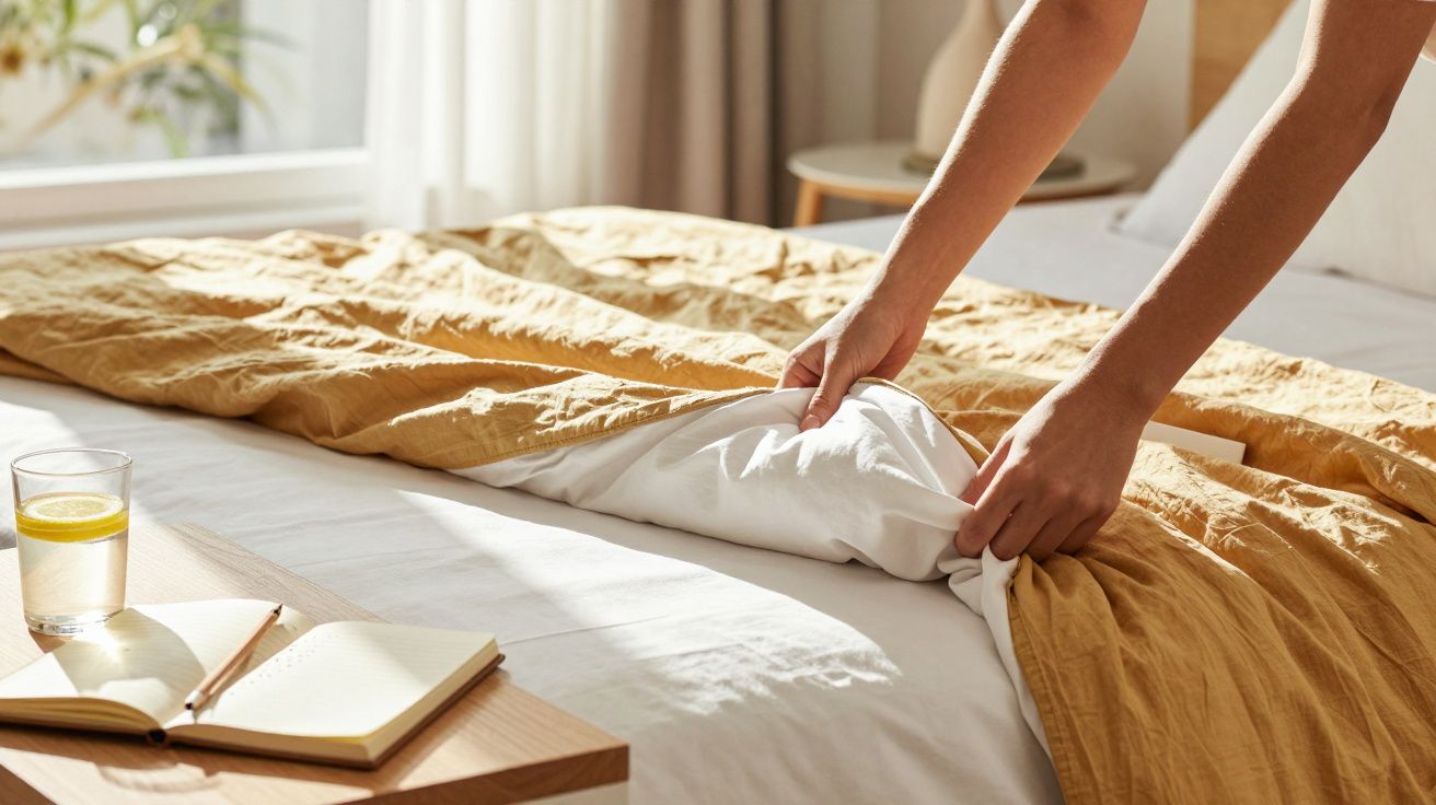 Persoană aranjează un pat cu așternuturi galbene, lângă o măsuță cu un pahar de apă și un caiet.