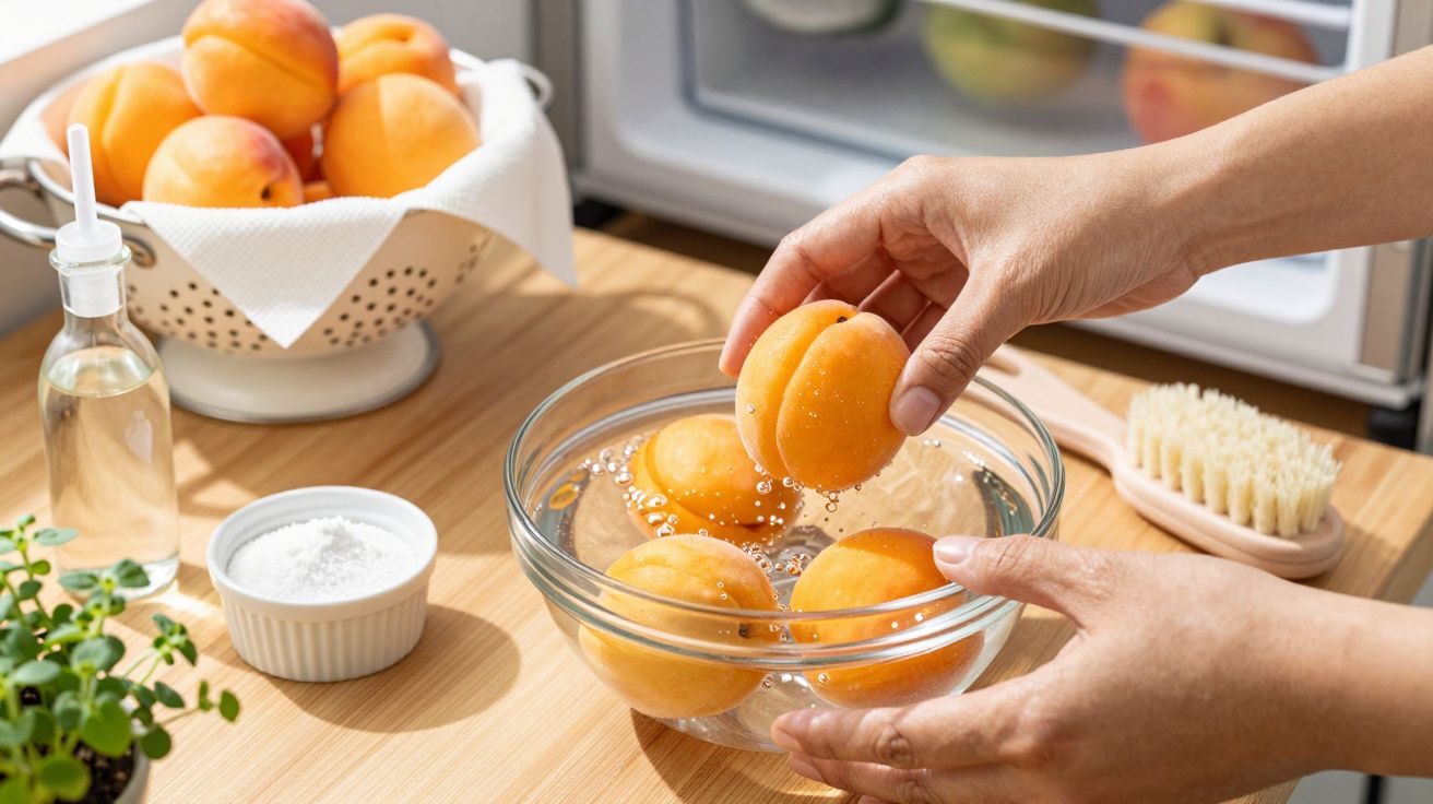 Mâini spălând caise în apă într-un bol; în fundal un castron cu caise.