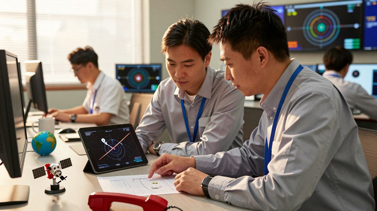 Două persoane discută la birou, analizând diagrame pe hârtie și tabletă, într-un mediu de lucru tehnologic.