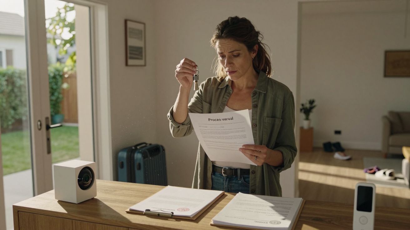 Femeie în cămașă verde deschisă ținând chei și un document în sufragerie, valiză și birou pe fundal.