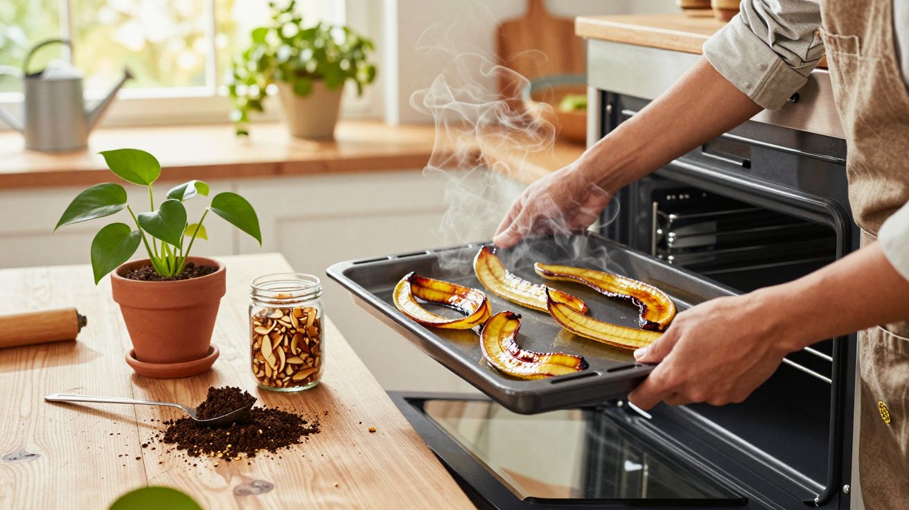 Persoană scoate din cuptor o tavă cu banane coapte, aburindă, pe o masă de bucătărie cu plante și ingrediente.