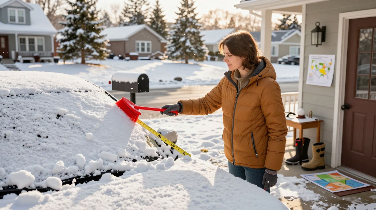 Femeie îmbrăcată în geacă maro curăță zăpada de pe parbrizul unei mașini cu o perie roșie, într-un cartier înzăpezit.