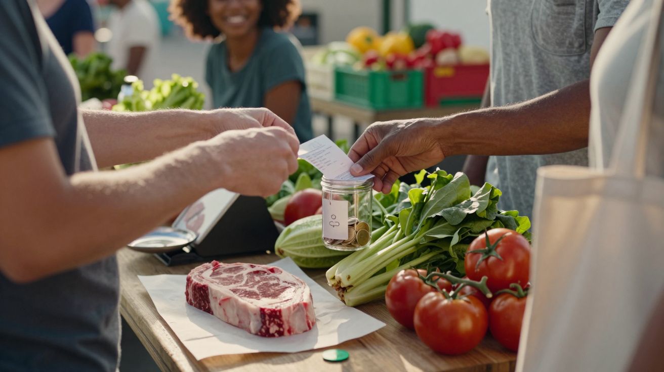 Persoană plătind pentru legume și carne la o piață în aer liber, legume proaspete pe tarabă.
