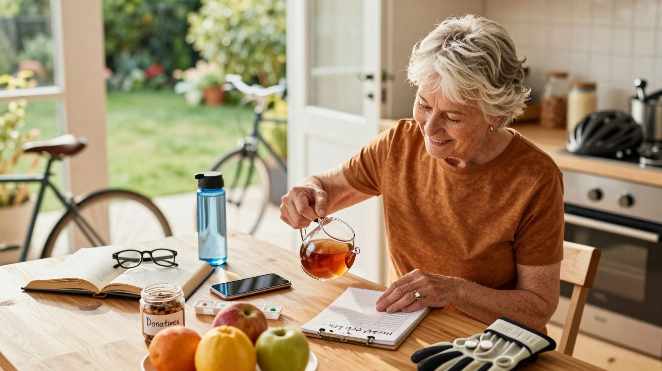 Femeie în vârstă bea ceai și scrie pe un caiet, așezată la masă în bucătărie, cu fructe și obiecte diverse în jur.