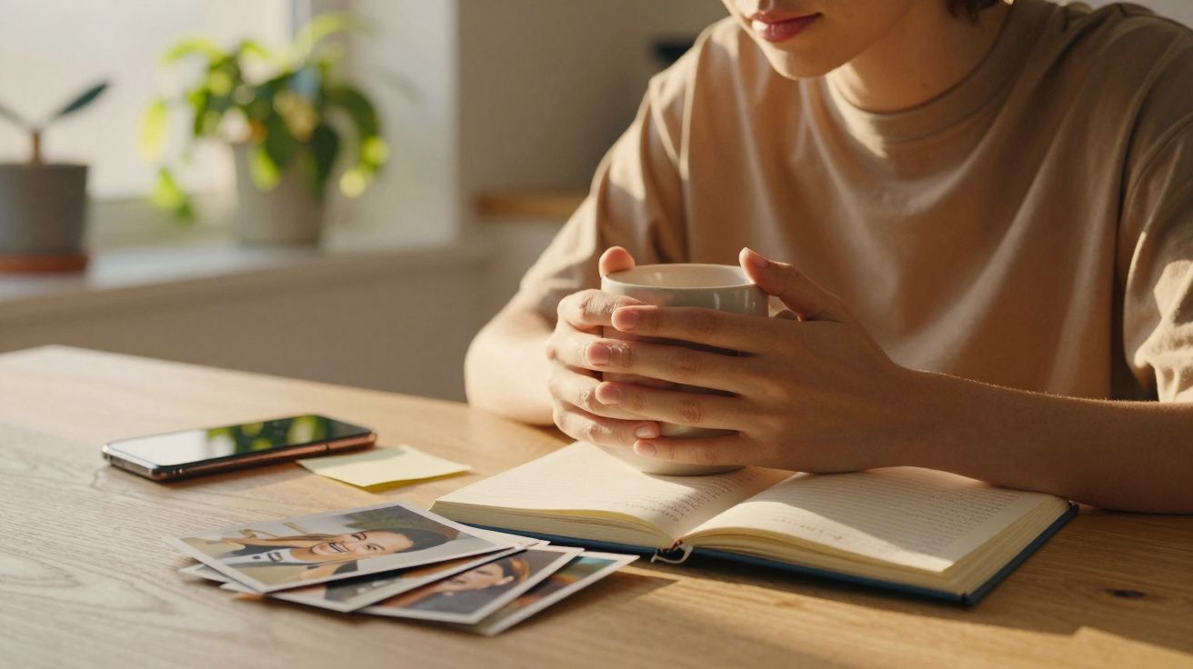 Persoană cu o ceașcă lângă un jurnal deschis, fotografii și un telefon pe masă, în lumină naturală.