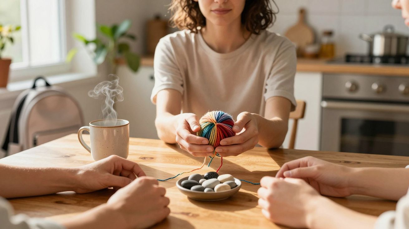 Trei persoane la o masă din lemn, una ține un ghem colorat, cu o cafea și o farfurie mică cu biscuiți alături.