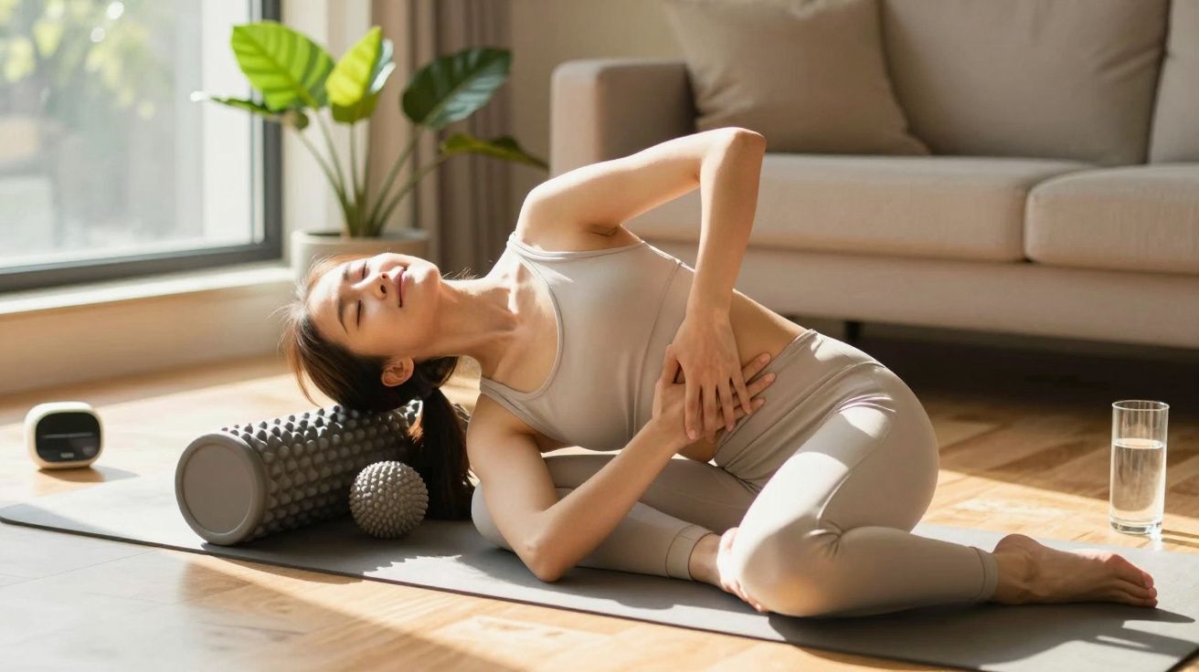 Femeie practicând yoga acasă, pe covoraș, lângă un rulou de spumă și o fereastră, într-o cameră luminoasă.