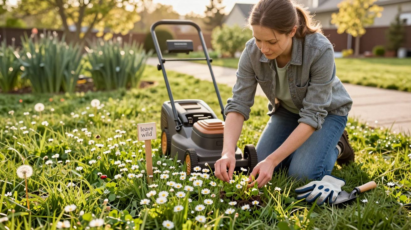 O femeie îngenunchează în grădină lângă o mașină de tuns iarba, aranjând flori sălbatice sub un semn "leave wild".