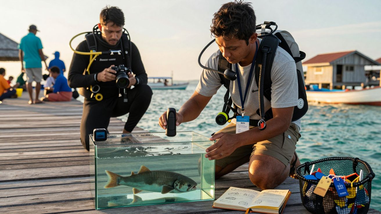 Doi bărbați în echipamente de scafandru studiază un pește într-un acvariu pe un ponton, cu mare și bărci în fundal.