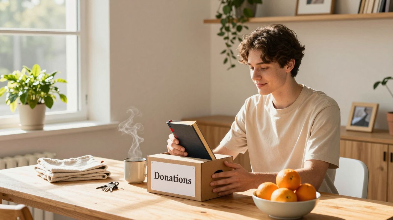 Tânăr punând o carte într-o cutie de donații la o masă, înconjurat de obiecte de uz casnic și fructe.