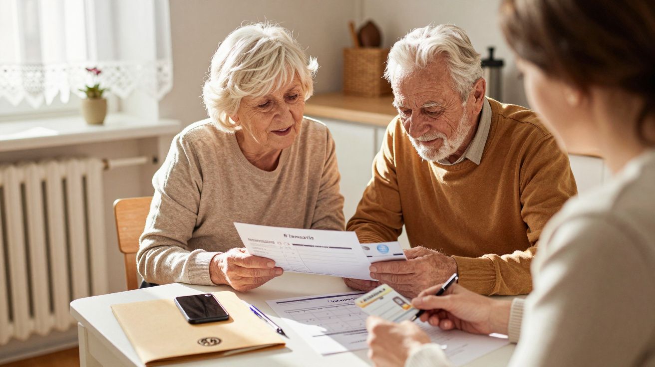 Cuplu de persoane în vârstă discutând documente financiare cu o persoană tânără la masă.