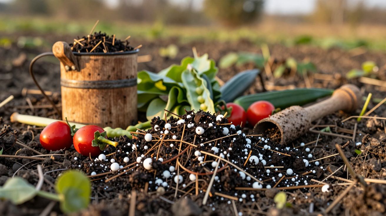 Pământ cu îngrășământ granular, roșii mici, găleată de lemn și unealtă de grădinărit pe un câmp.