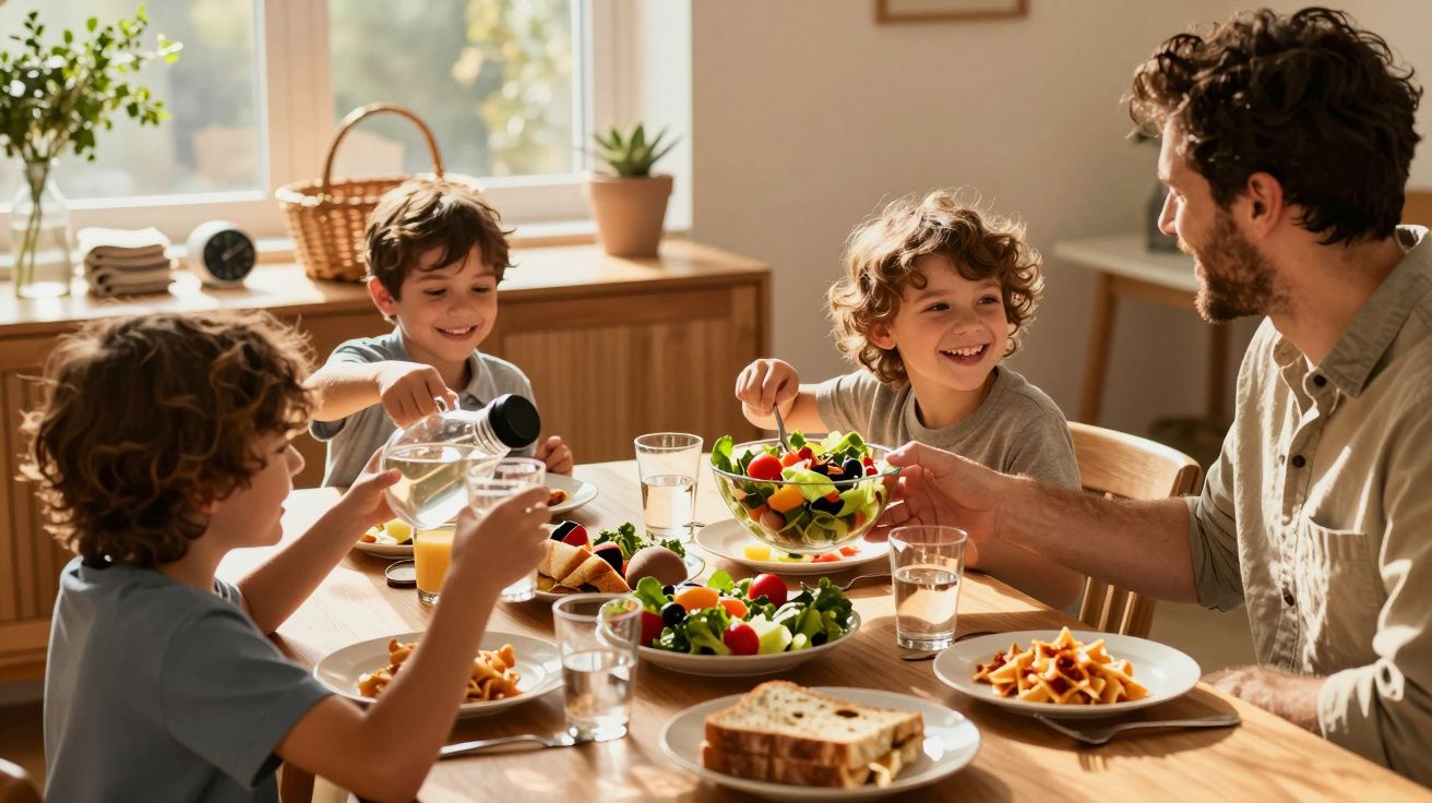 Familie veselă mâncând salată și paste la masa din bucătărie, raze de soare intră prin fereastră.