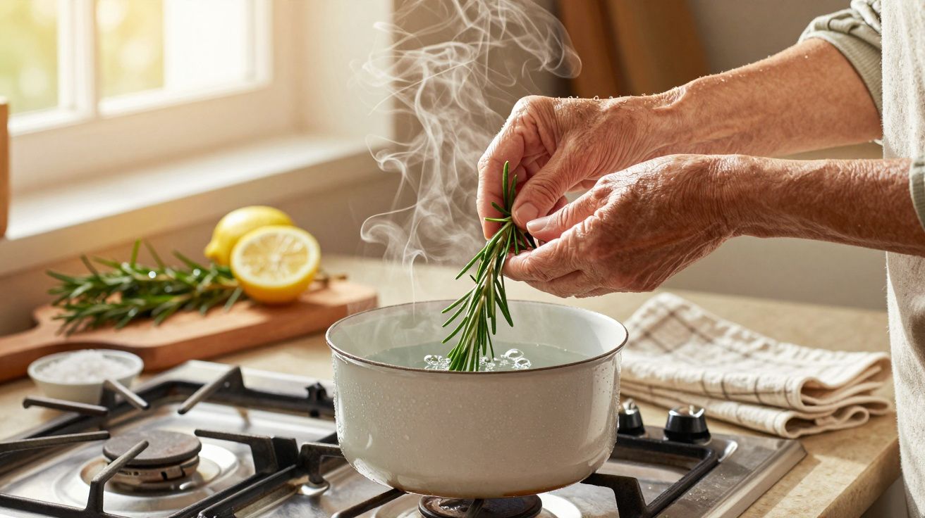 Mâini adaugă crenguțe de rozmarin într-o oală cu apă clocotită pe aragaz, cu lămâie și sare pe fundal.