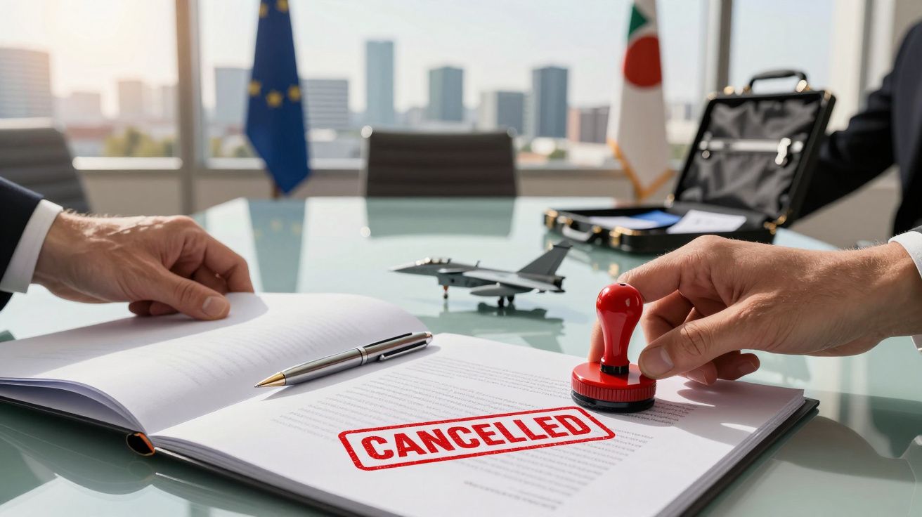 Două persoane la masă, ștampilând un contract de avioane, marcat cu "CANCELLED" în birou de afaceri.