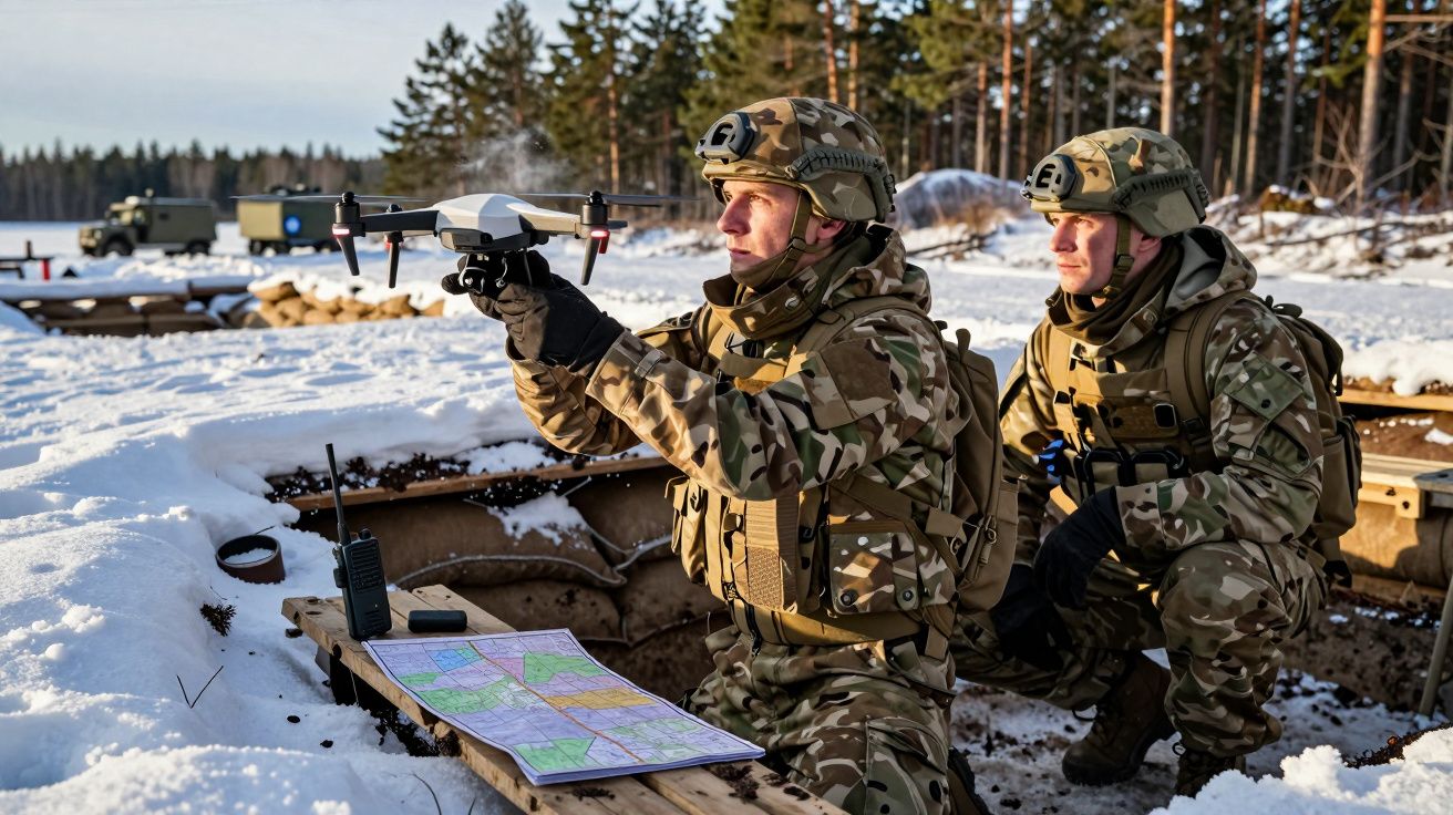 Doi soldați în camuflaj operează o dronă pe zăpadă, lângă o hartă militară. Fundal cu pădure și echipamente.