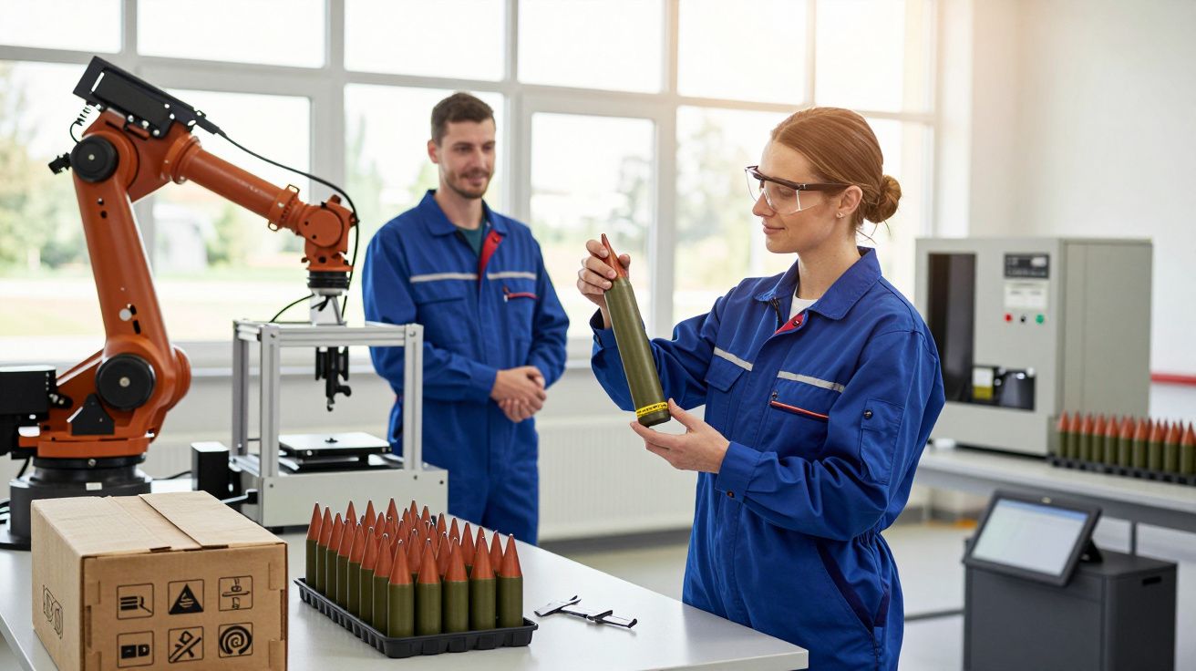 Doi muncitori în salopete albastre inspectează proiectile într-o fabrică cu echipamente automate.