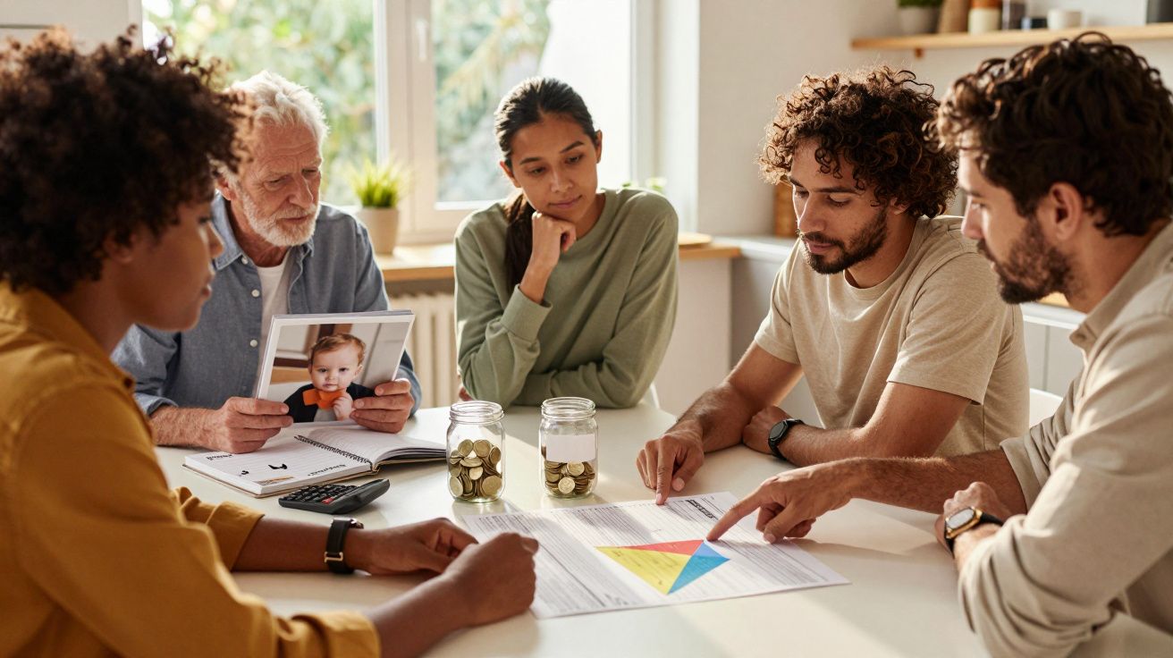 Grup de persoane discutând în jurul unei mese, examinând documente și o fotografie de copil.