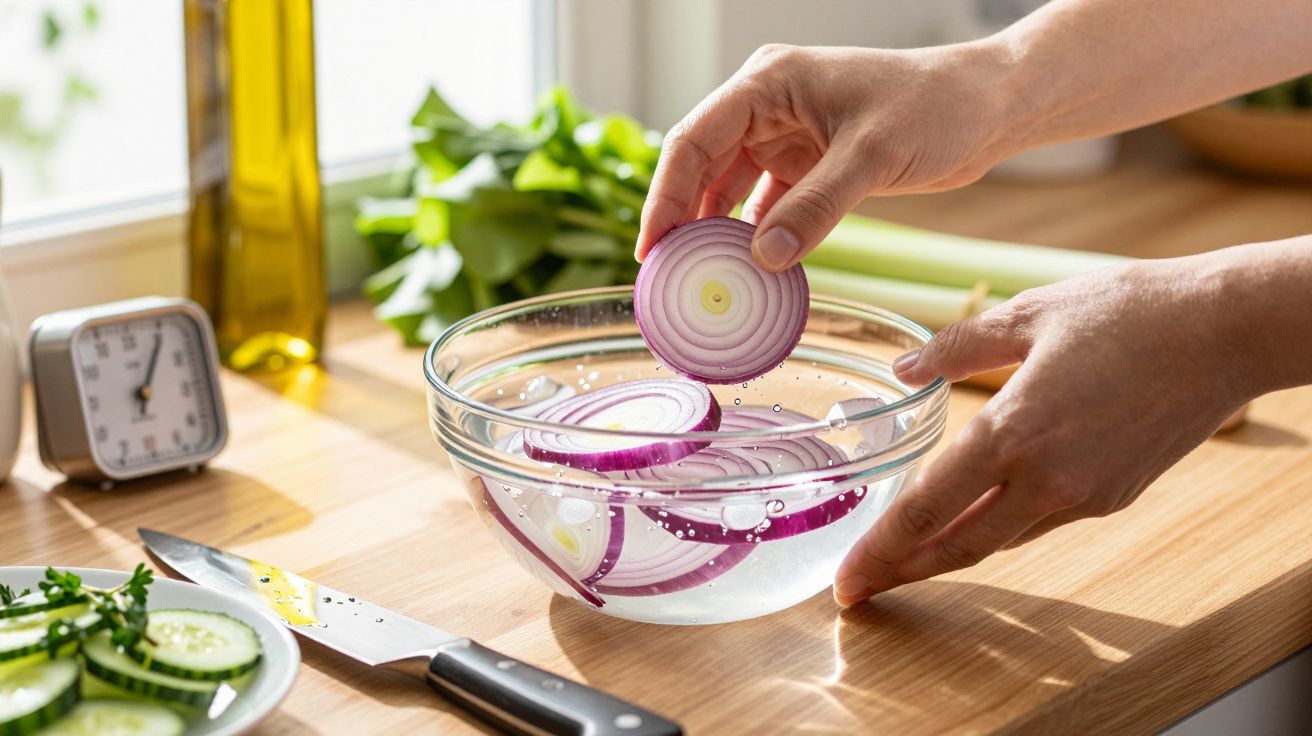 Mână punând felie de ceapă roșie într-un bol cu apă, pe o masă de bucătărie.