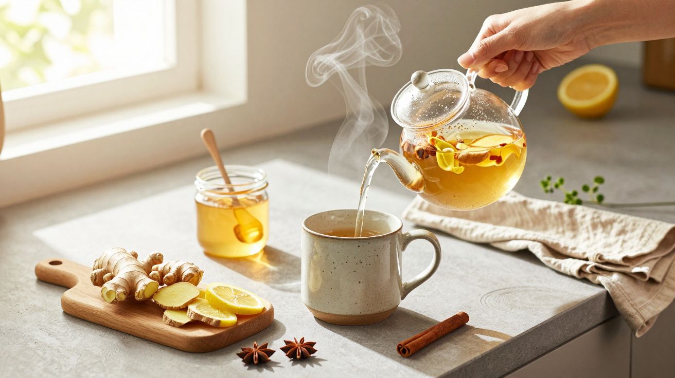 Ceai cald turnat din ceainic în cană cu ghimbir, lămâie și miere pe masă, lângă o fereastră însorită.