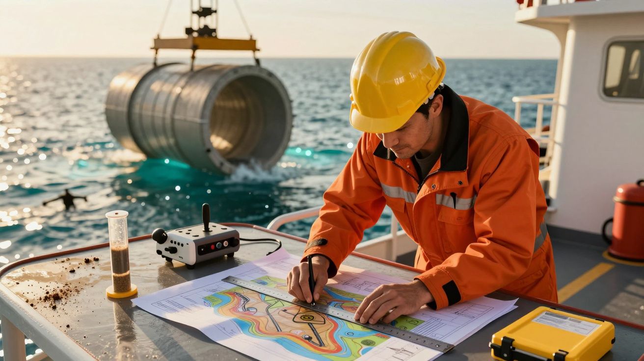 Inginer pe vas, analizând hărți, cu echipament de protecție, în timp ce un cilindru metalic este coborât în mare.