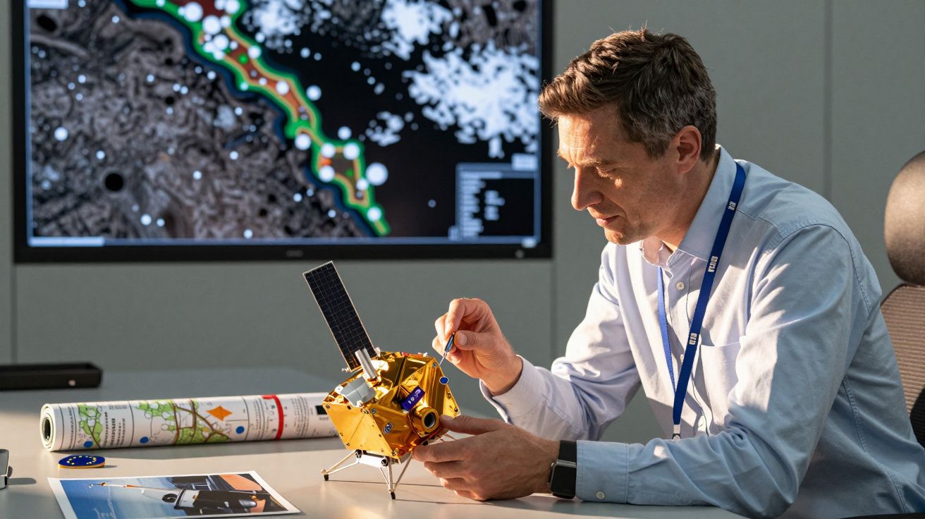 Bărbat analizând un model de satelit pe birou, cu hartă pe ecran în fundal.