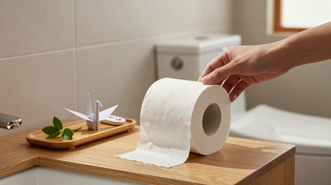 O mână așează un sul de hârtie igienică pe o masă de lemn într-o baie modernă, alături de un origami și frunze verzi.