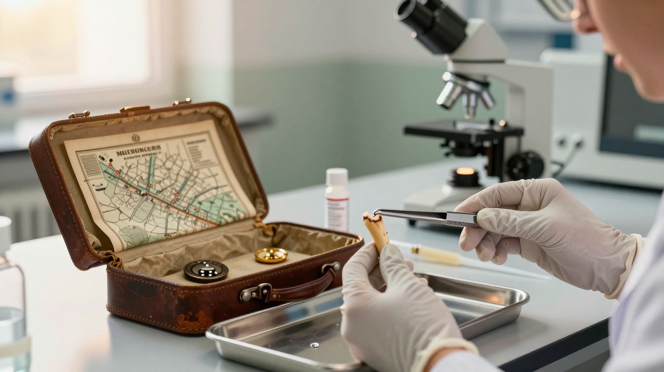 Cercetător la microscop examinează mostre lângă o valiză vintage cu hartă și unelte de navigație.