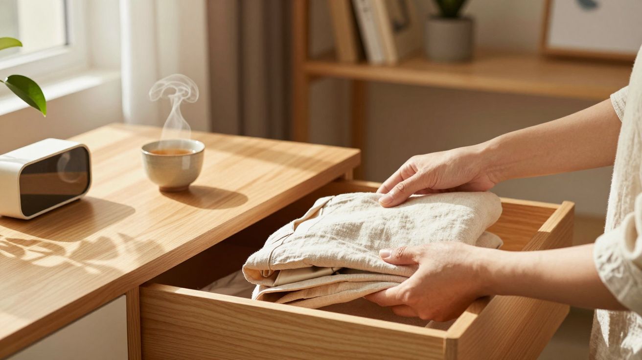 Mâini așezând haine într-un sertar din lemn, lângă o ceașcă de cafea aburindă pe o masă la fereastră.