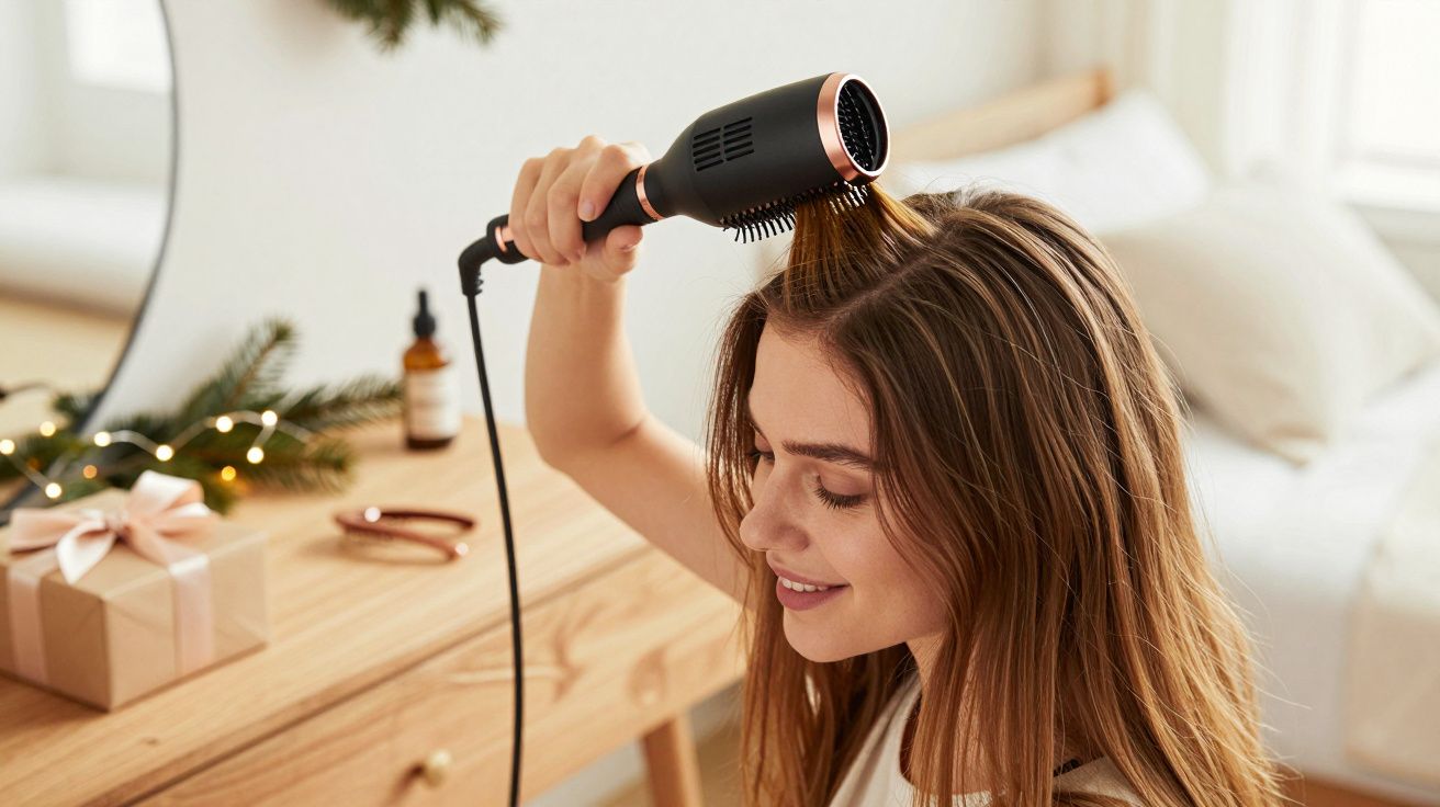 Femeie folosind uscător de păr în fața unei mese de lemn decorată festiv.