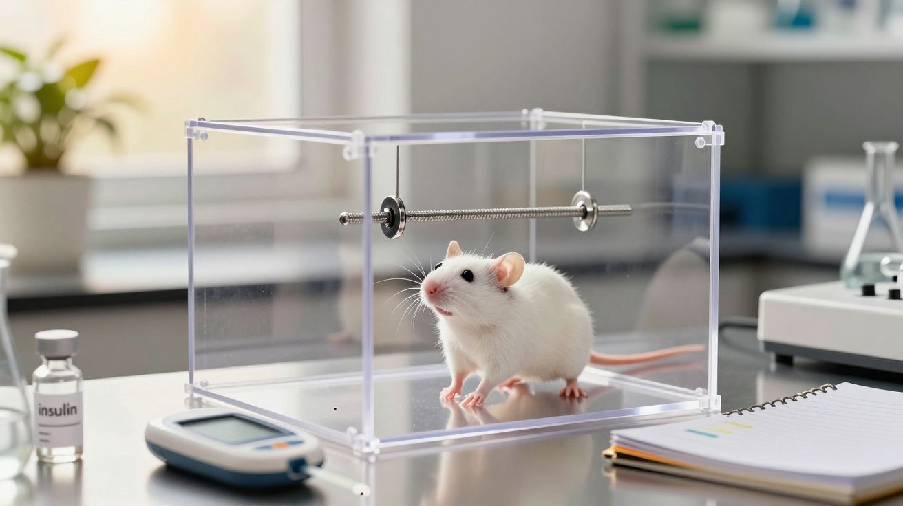 Șobolan alb într-o cușcă transparentă pe o masă de laborator, cu flacon de insulină și echipamente medicale alături.