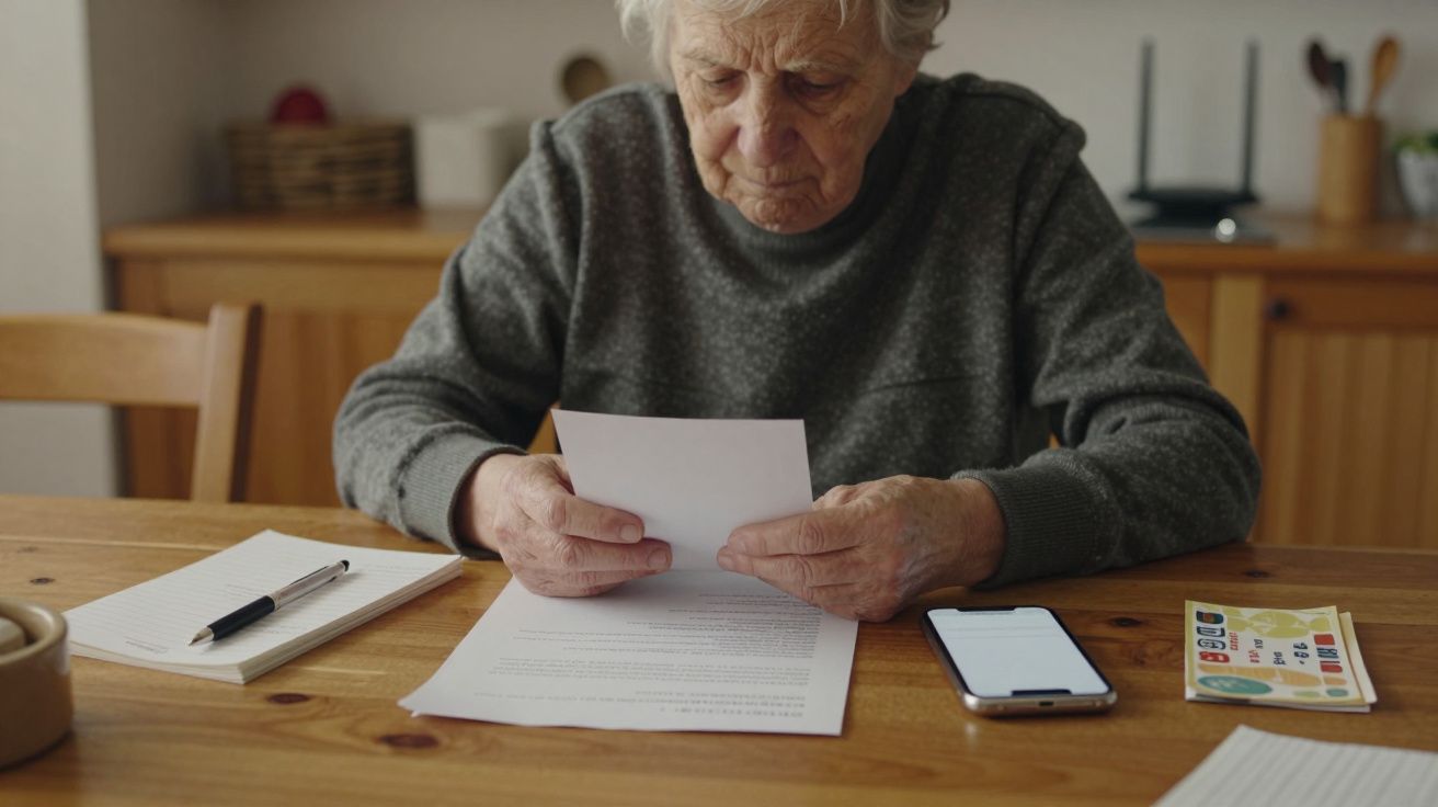 Persoană în vârstă citind un document, cu un telefon și un carnețel pe masă într-o cameră de zi.