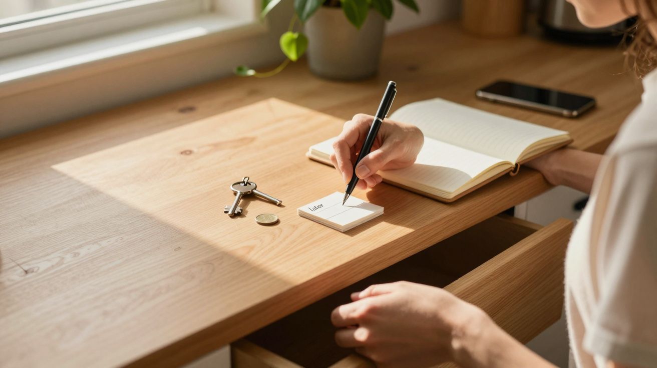 Persoană scriind pe un notepad la un birou de lemn, cu chei, monedă și un telefon mobil alături.