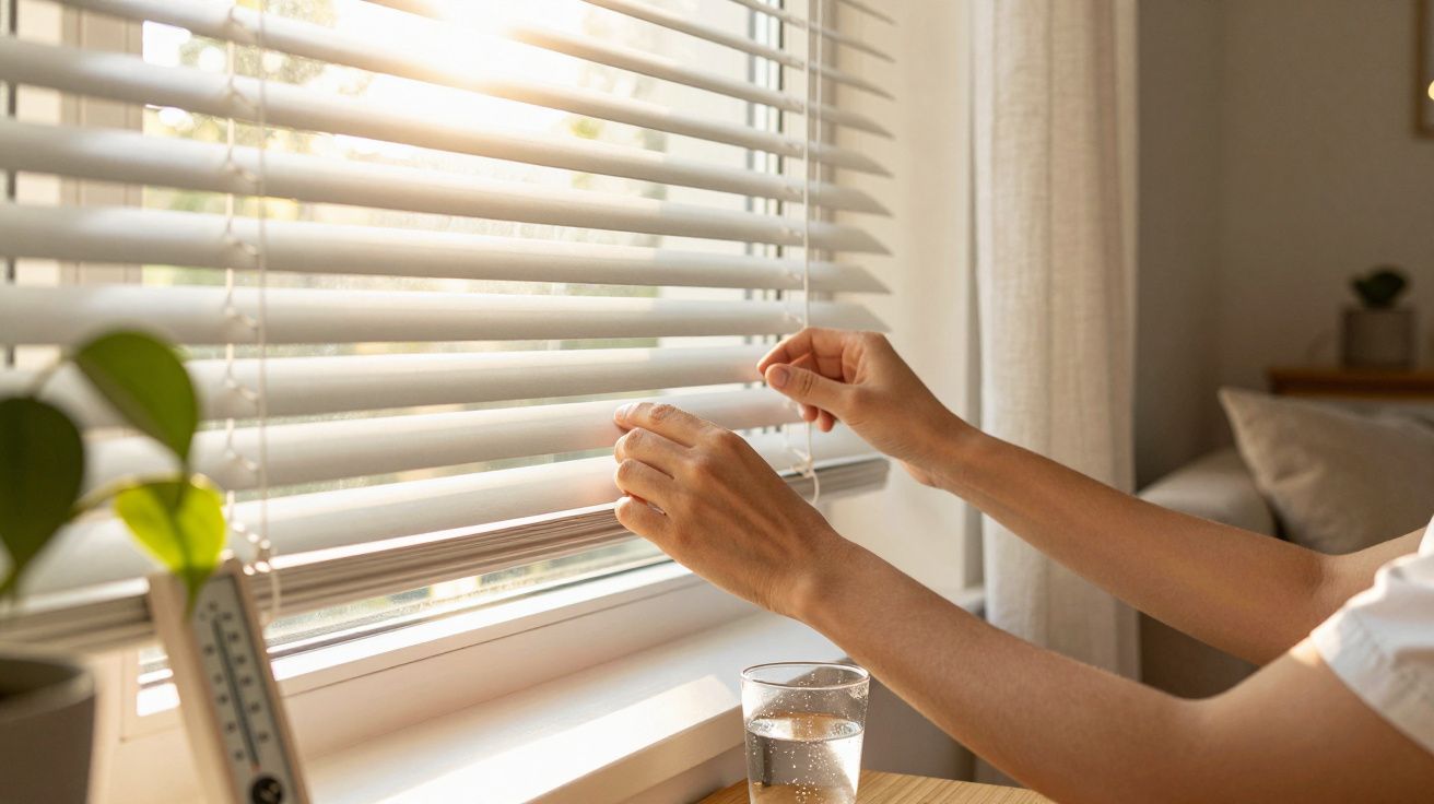 Persoană ajustând jaluzelele într-o cameră luminată de soare, cu un pahar de apă pe masă lângă fereastră.