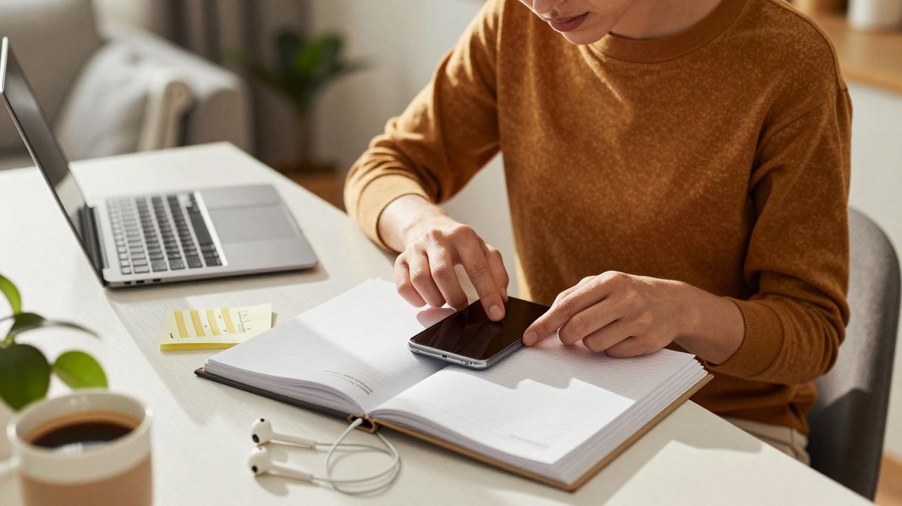 Persoană lucrând la laptop, folosind un smartphone pe un caiet deschis, lângă o cafea și căști pe birou.
