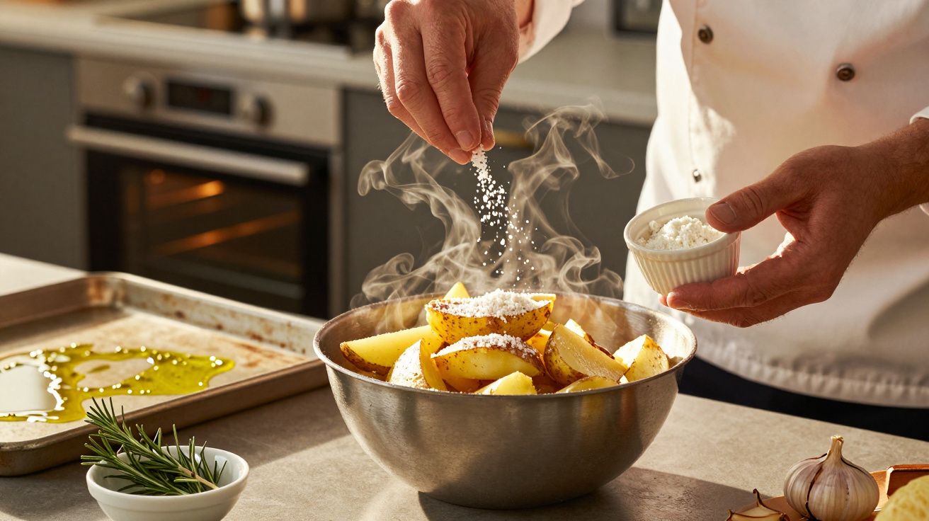 Bucătar presărând sare pe cartofi fierbinți într-un bol, cu usturoi și rozmarin pe masă în fundal.