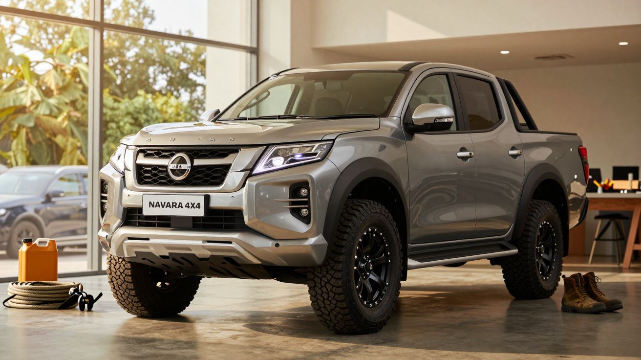 Pickup gri Nissan Navara 4x4 parcat într-un garaj, cu obiecte precum cizme, furtun și canistră în apropiere.